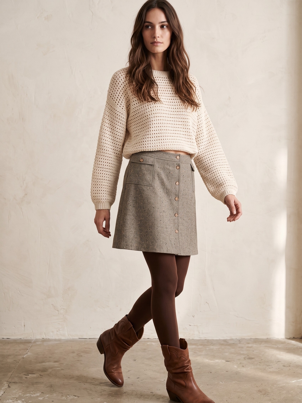 A-line Vintage Button-Front Wool-Blend Skirt in Olive Gray